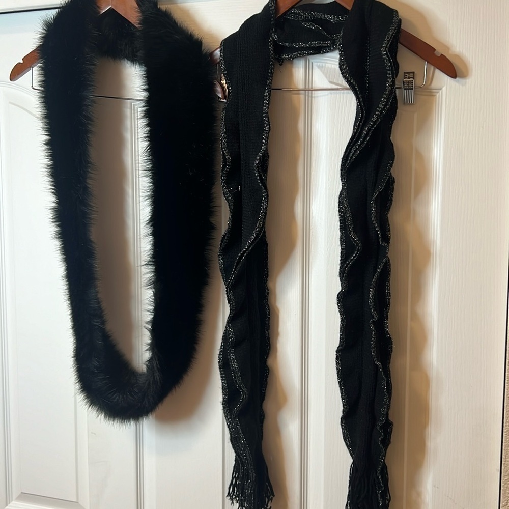 Two scarfs / wraps - Gently used - Both black - 1 Faux Fur and 1 silver outline